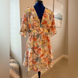 V-Neck Pastel Floral Kimono Babydoll Dress